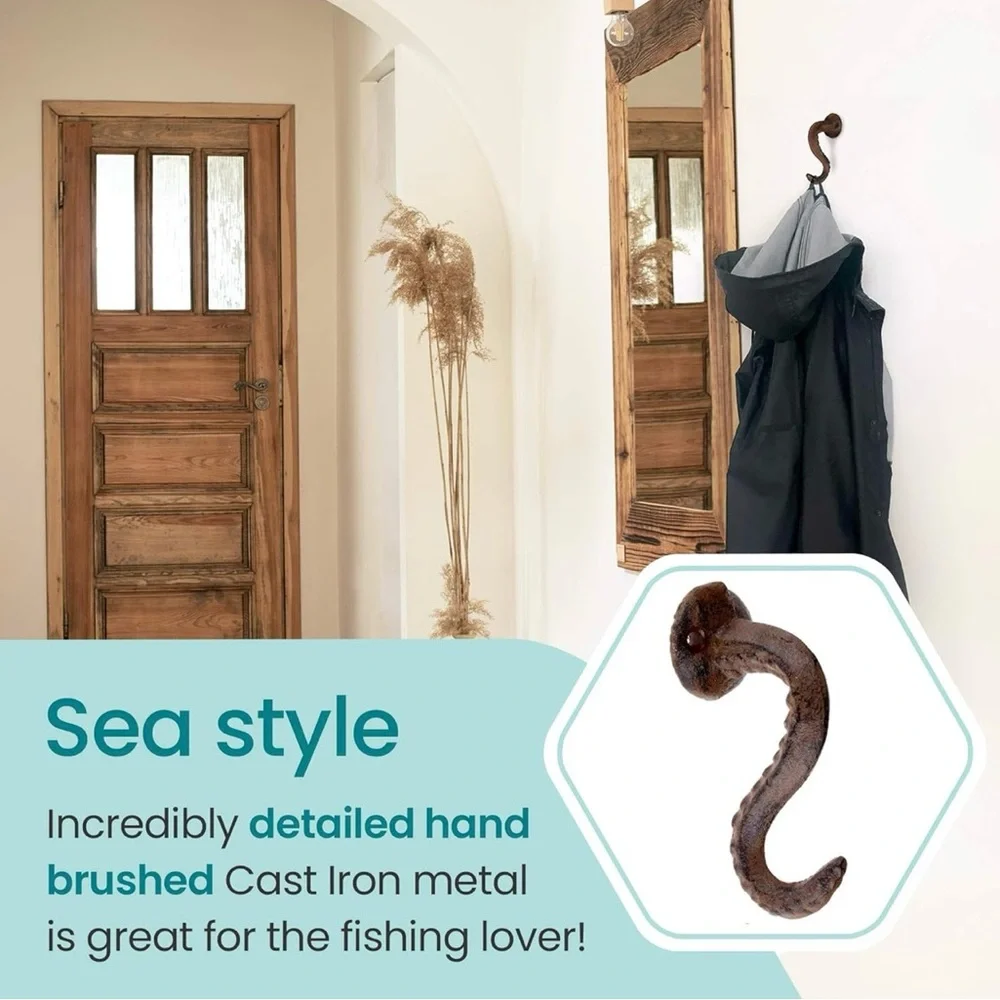2 Brown Cast Iron Wall Hooks OCTOPUS TENTACLE, Bathroom Towel/Coat Hook Nautical